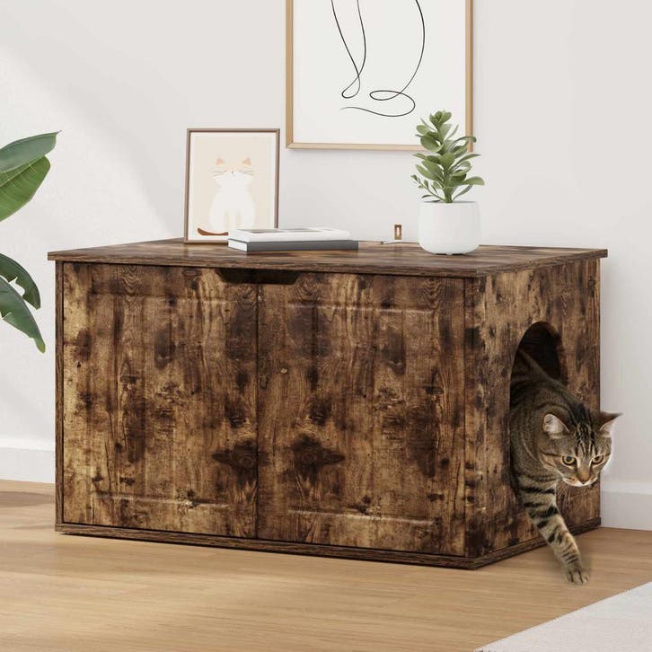 vidaXL Kattenhuis Rook Eiken 85 x 55 x 50,5 cm Bewerkt hout, Dieren en Toebehoren, Katten-accessoires, Nieuw, Verzenden