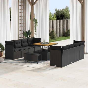 vidaXL Tuinbank Set met kussen 11 pcs Zwart poly rattan, Tuin en Terras, Verzenden, Nieuw