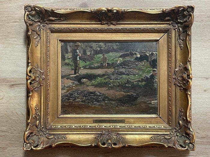 Hugo Mühlig (1854-1929) - Koeherders aan de rand van het bos, Antiquités & Art, Art | Peinture | Classique