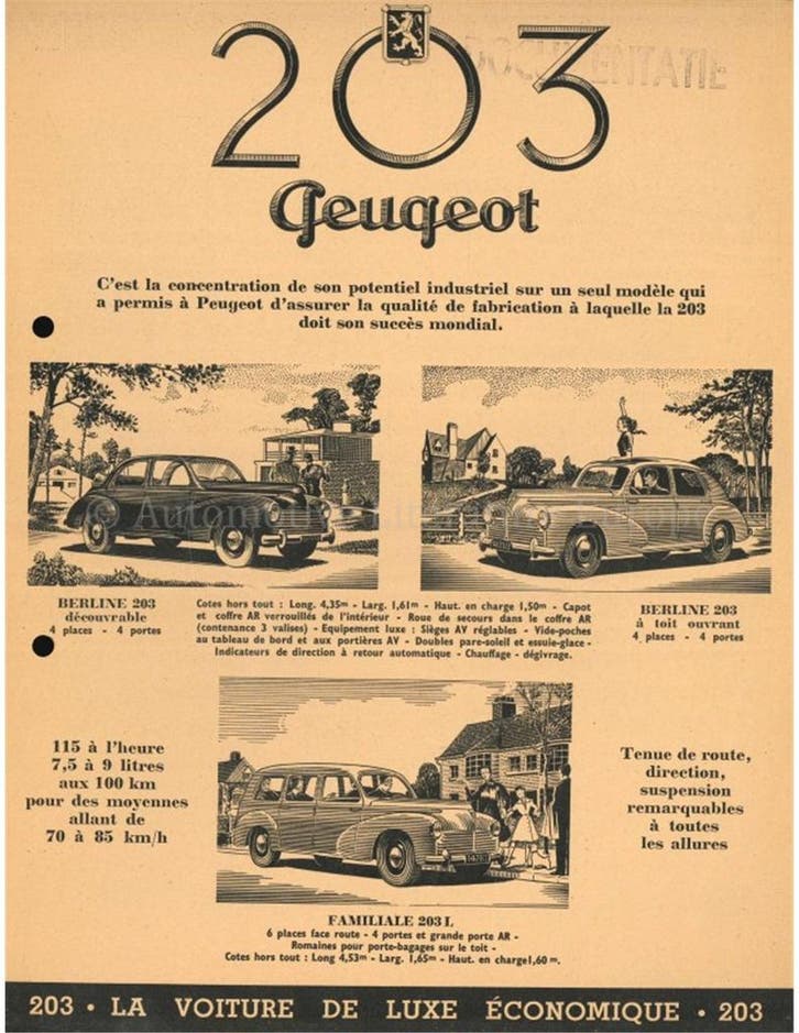 1951 PEUGEOT 203 LEAFLET FRANS, Boeken, Auto's | Folders en Tijdschriften