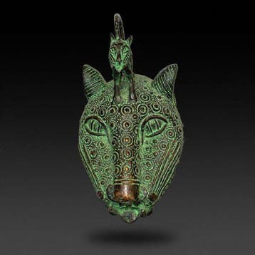 Masque léopard en bronze à patine verte - sculptuur -
