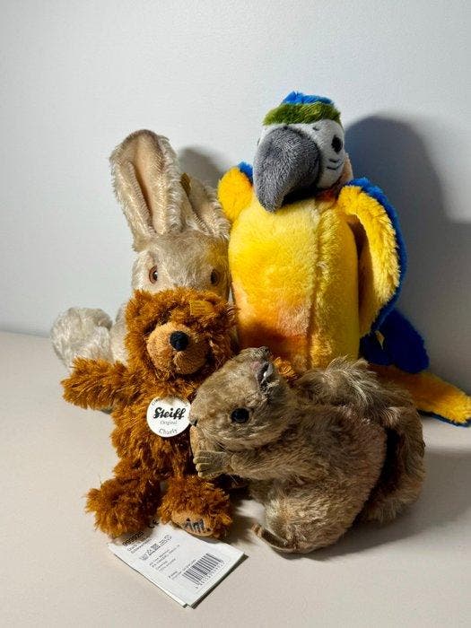 Steiff - Speelgoed Parrot, Bear, Rabbit, Squirrel - Lot of 4, Antiquités & Art, Antiquités | Jouets