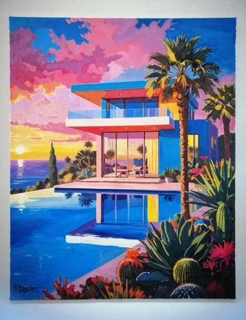 Yuri Denissov - Belle Villa moderne au coucher du soleil, Antiek en Kunst, Kunst | Schilderijen | Modern