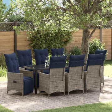 vidaXL Tafel en stoelen set met kussen 9 pcs Grijs PE Riet, Verzenden, Nieuw