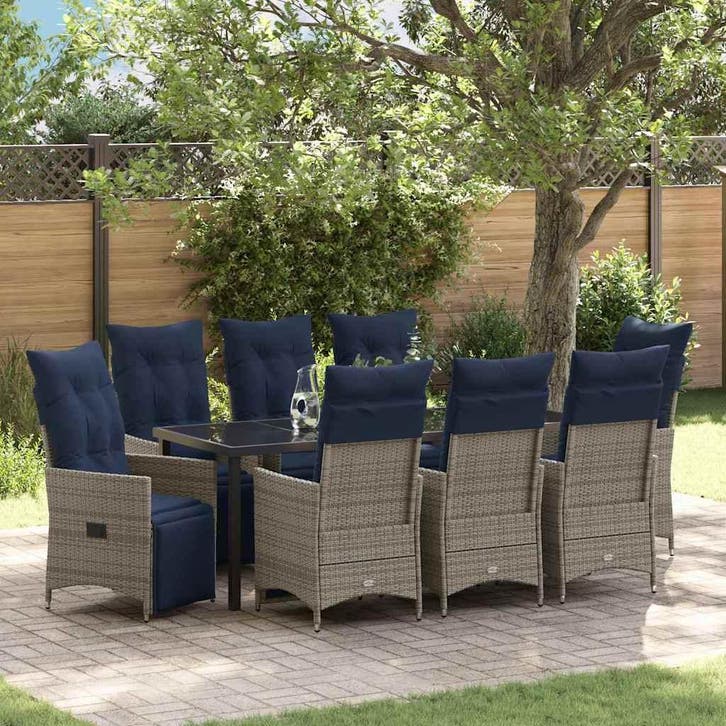 vidaXL Tafel en stoelen set met kussen 9 pcs Grijs PE Riet, Tuin en Terras, Tuinsets en Loungesets, Nieuw, Verzenden