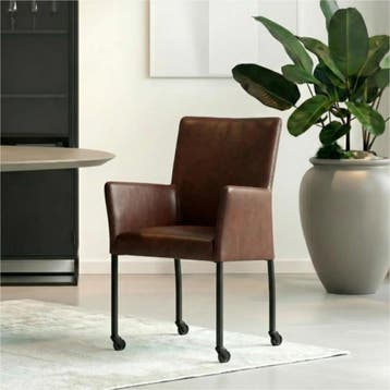 Set van 6 Leren eetkamerstoelen Comfort met wieltjes en, Ophalen of Verzenden, Nieuw, Leer