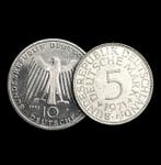Allemagne. 2 Silver 1 Coins (1x 5 Deutsche Mark + 1x 10