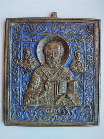 Icône - Saint Nicolas le Thaumaturge - Bronze, Émail, Antiquités & Art