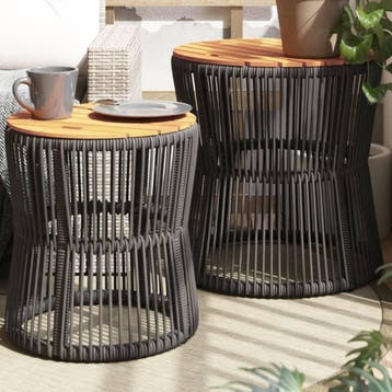 vidaXL Tuinbijzettafels 2 st met houten blad poly rattan, Tuin en Terras, Tuintafels, Verzenden, Nieuw