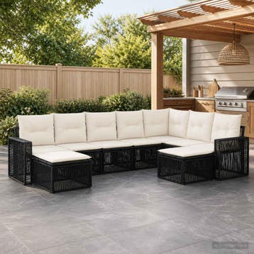 vidaXL Tuinbank Set 9 st Zwart en Crème Wit poly rattan, Verzenden, Nieuw