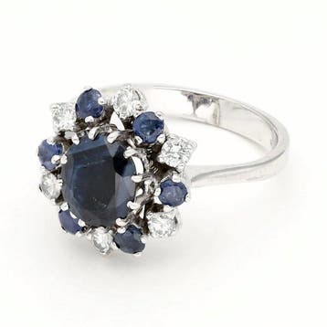 Ring - 14 karaat Witgoud Saffier - Diamant - Entourage -