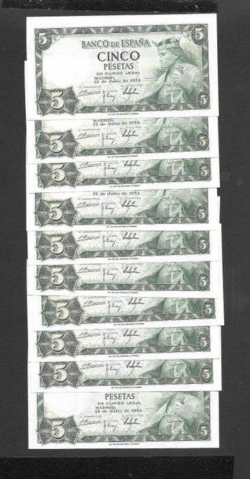 Spanje. - 10 x 5 and 10 x 100 Pesetas - 1954/1970 (Zonder, Postzegels en Munten