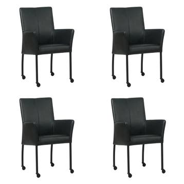 Set van 4 Leren eetkamerstoelen Comfort met wieltjes en, Ophalen of Verzenden