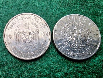 Allemagne, Pologne. 5 zlotych, 5 reichsmark. 1934-1935 (Sans