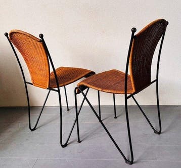 Stoel - Gietijzer, riet - Twee tuinstoelen, zwarte frames,