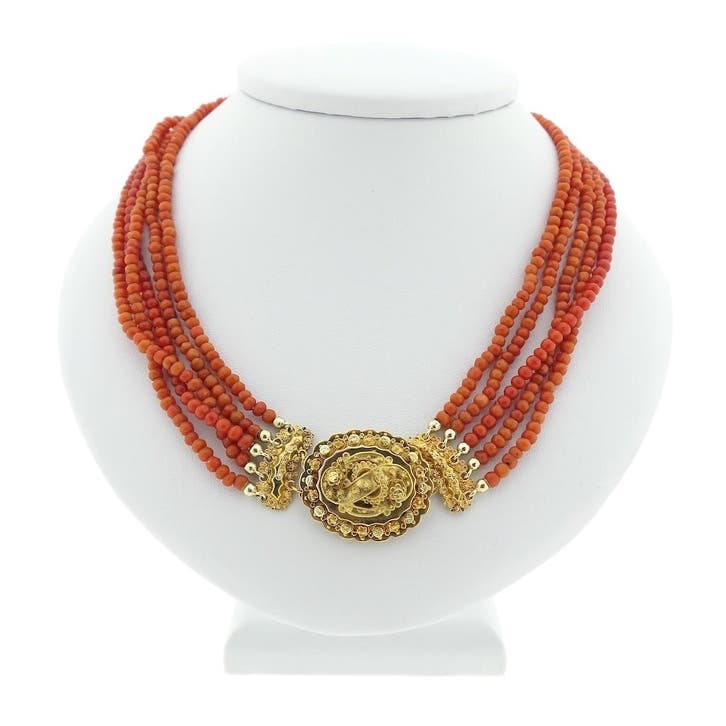 Antiek collier met bloedkoralen en gouden mutsenbel., Bijoux, Sacs & Beauté, Colliers, Enlèvement ou Envoi