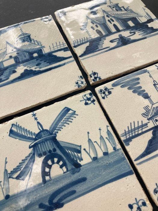 Tegel - Antieke Delfts blauwe tegels met kastelen, boerderij, Antiek en Kunst, Antiek | Glaswerk en Kristal
