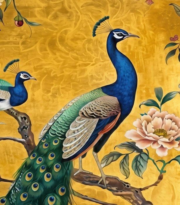 Kleury.art - Peacocks on Gold” by Kleury.art (1/5), Antiek en Kunst, Curiosa en Brocante