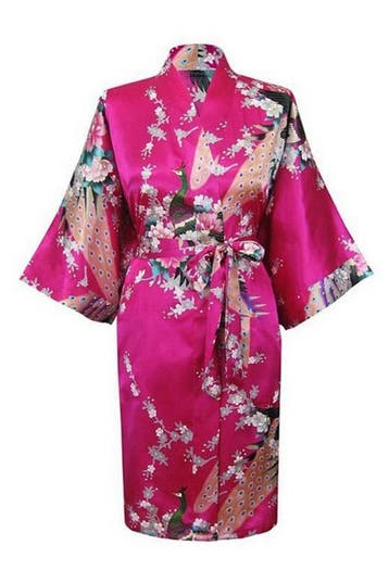 KIMU® Kimono Donkerroze Kort XL-XXL Yukata Satijn Boven de K, Ophalen of Verzenden, Nieuw