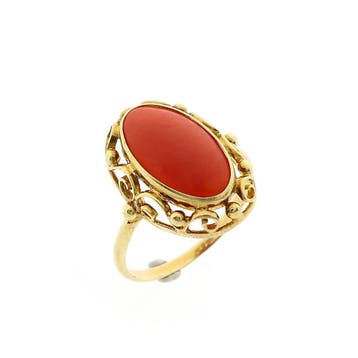 Vintage gouden ring met bloedkoraal; 14 karaat; ringmaat 19, Handtassen en Accessoires, Gebruikt, 19 tot 20, Ophalen of Verzenden