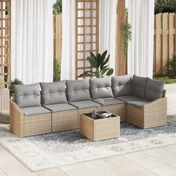 vidaXL Tuinbank Set 7 st Beige en Lichtgrijs poly rattan, Verzenden