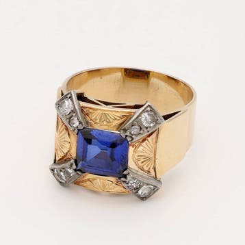 Bague - 18 carats Or jaune Saphir - Diamant
