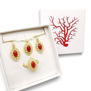 Koraal - Argento 925 - 3-delige sieradenset - Italiaans, Verzamelen, Mineralen en Fossielen