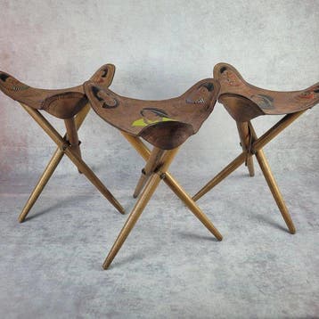Vintage - Kruk (3) - Hout, Leder - Vouwbaar, Antiek en Kunst