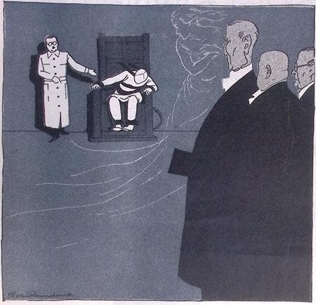 Hauptmanns terechtstelling op spotprent (lijst optie), Antiek en Kunst, Kunst | Litho's en Zeefdrukken, Verzenden