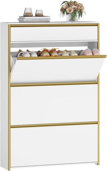 Schoenenkast - Schoenenrek - 80x24x137 cm - Wit/Goud - HEXCE, Verzenden, Nieuw