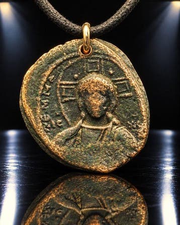 Byzantijns Brons Collier met munt van Christus Pantokrator -