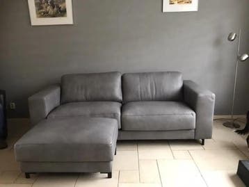 Leren 3-zits bank met stalen poten - met hocker - grijs, Antiek en Kunst, Ophalen of Verzenden