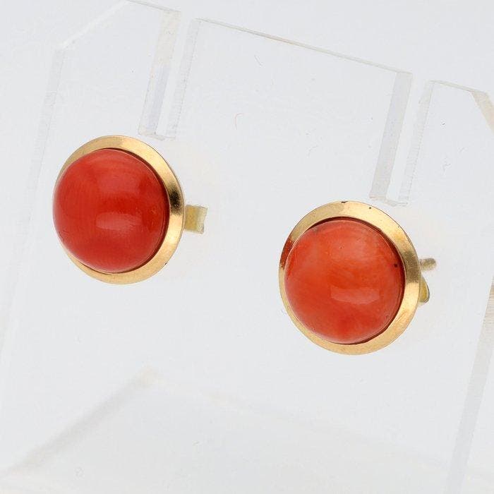 Oorbellen - 18 karaat Geel goud Bloedkoraal, Bijoux, Sacs & Beauté, Boucles d'oreilles
