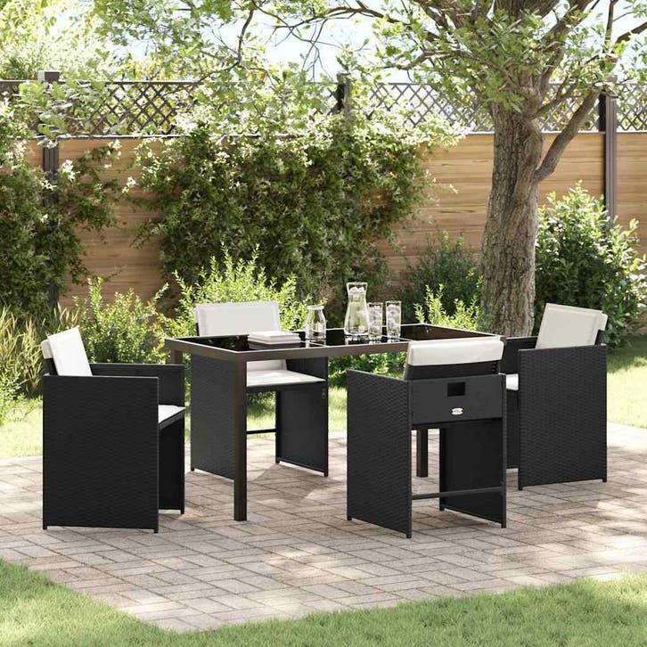 vidaXL Tuin Eettafel Set met kussen 5 pcs Zwart poly rattan, Tuin en Terras, Tuinsets en Loungesets, Nieuw, Verzenden
