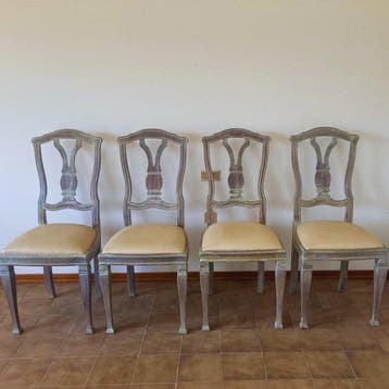 Stoel - Hout, Textiel - Set van vier vintage houten stoelen