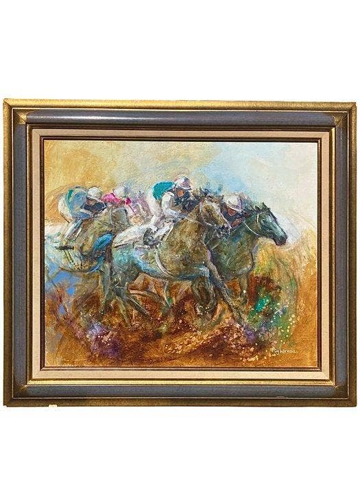 Annie Puybareau (1955) - Grande scène de course hippique, Antiquités & Art, Art | Peinture | Classique