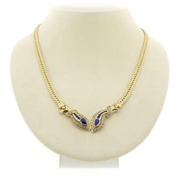 Gouden platte gourmetschakel collier met synth. saffier e..., Ophalen of Verzenden, Gebruikt, Goud, Goud