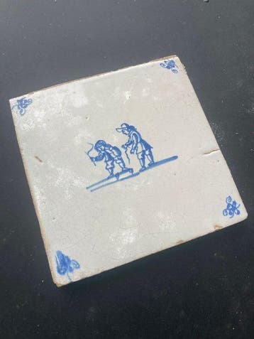 Carreau - Antique tuile bleue de Delft avec des enfants