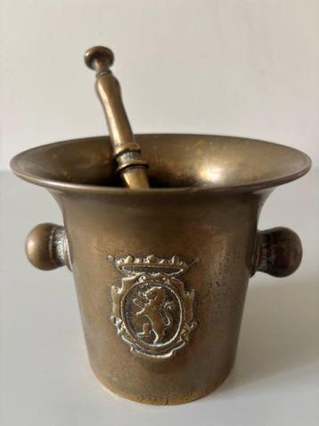 Mortier - Bronze, Laiton - Pilon avec décor de lions, Antiquités & Art