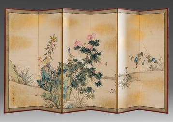 Vouwscherm met herfstbloemen - Gelakt hout, bladgoud, Zijde,