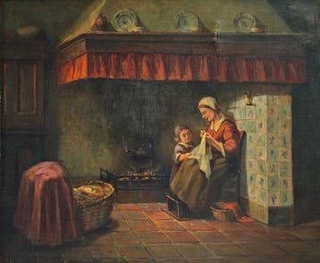École hollandaise (XX) - Mère et enfant près du foyer