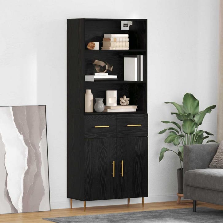 vidaXL Highboard Zwart Eiken 69,5 x 34 x 180 cm Bewerkt hout, Huis en Inrichting, Kasten | Dressoirs, Nieuw, Verzenden