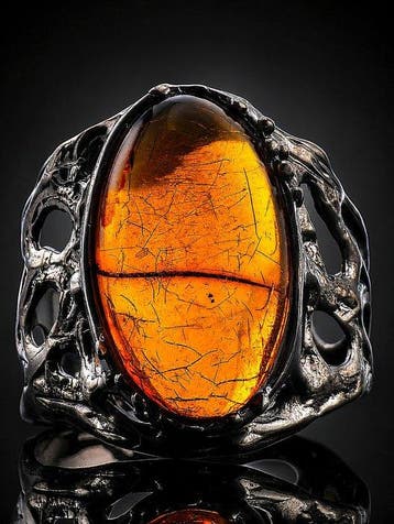 Baltische Amberring - 925 Sterlingzilver - Zwarte