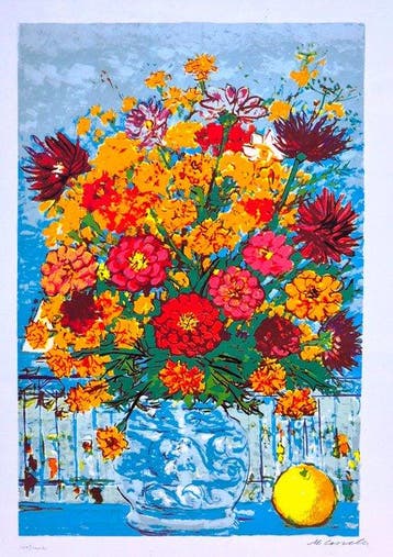 Michele Cascella (1892-1989) - Vaso con Fiori ed arancia