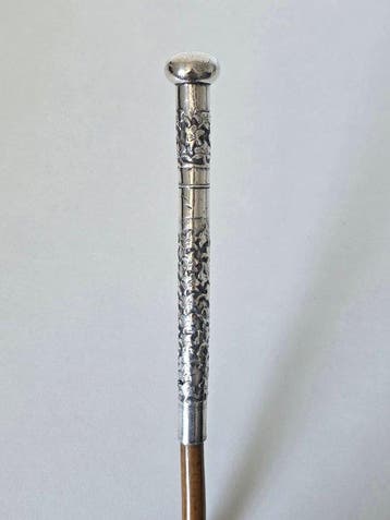 Wandelstok - Zilver, Hout, Bloemreliëf - Zilver 925 -