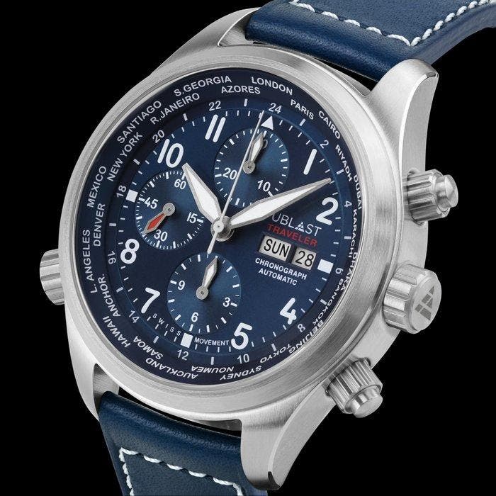 Ublast - Traveler Chronograph World Time - REF.UBTRCH47BU/WH, Handtassen en Accessoires, Horloges | Heren