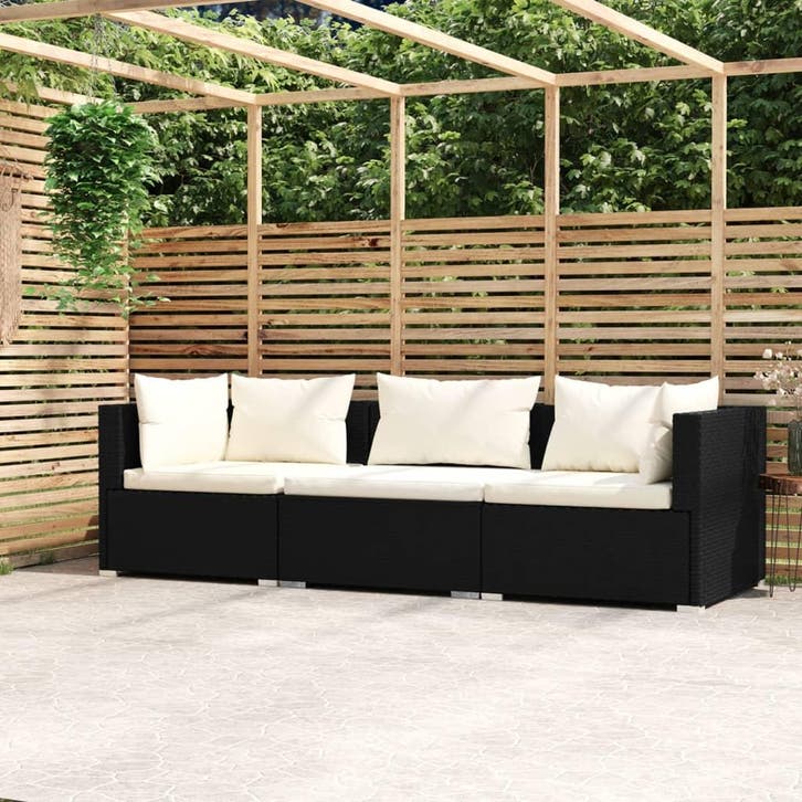 vidaXL Driezitsbank met kussens poly rattan zwart, Tuin en Terras, Tuinsets en Loungesets, Nieuw, Verzenden
