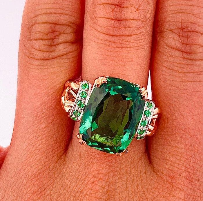 Zonder minimumprijs - Ring - 9 kt. Roségoud, Zilver Smaragd, Handtassen en Accessoires, Ringen