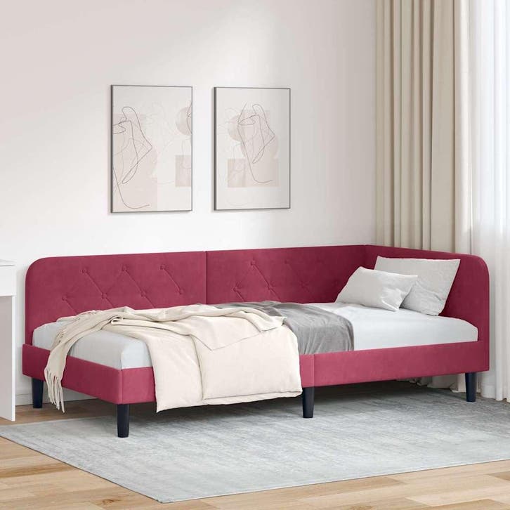 vidaXL Hoek Bed Frame Wijnrood 100 x 200 cm Fluweel, Maison & Meubles, Chambre à coucher | Lits, Envoi