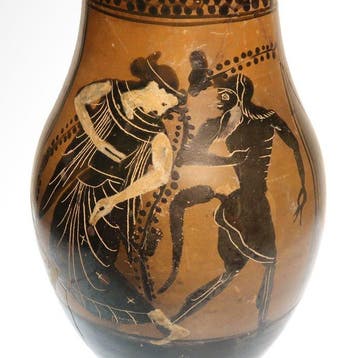 Oud-Grieks Terracotta Zwartfigurige olpe, dansende maenad en